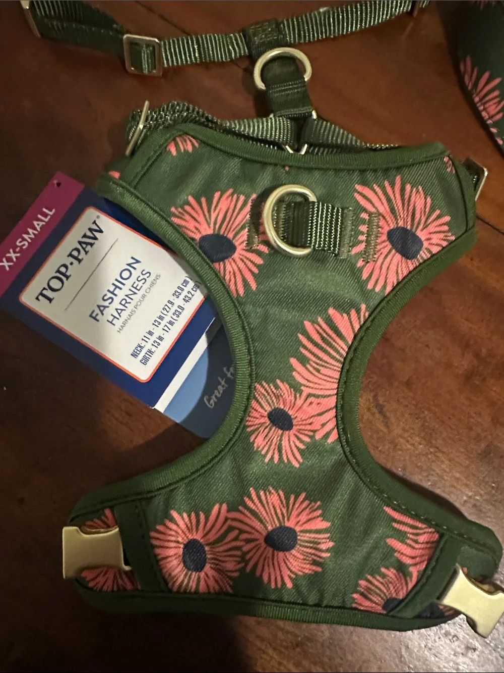 Top Paw Green Floral Dog Harness and Leash Set with Pink Flowers